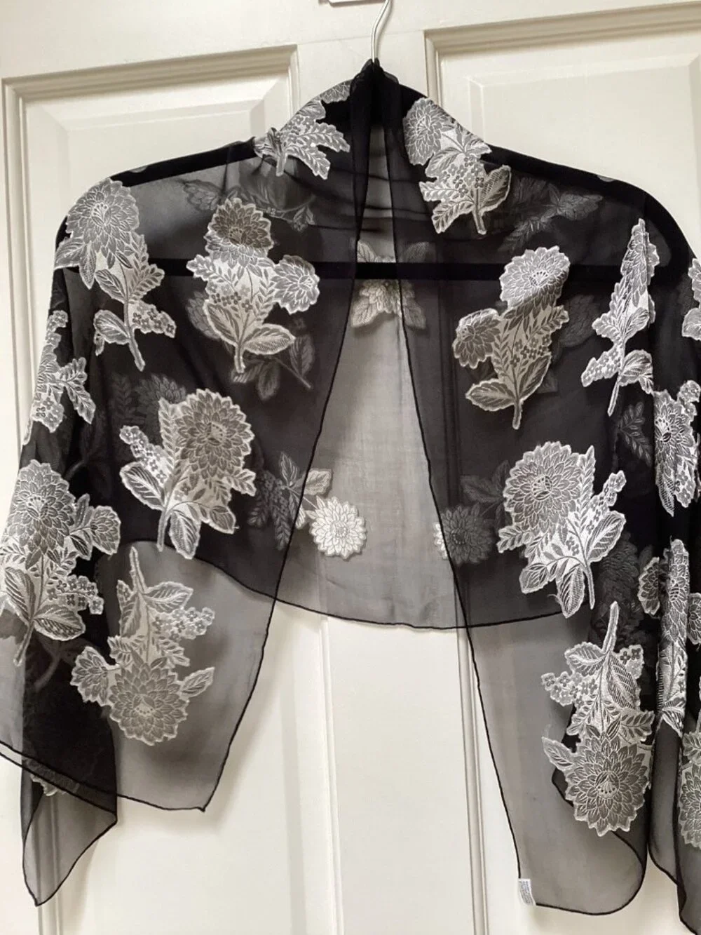 Black and silver flowered scarf, rayon and silk (46